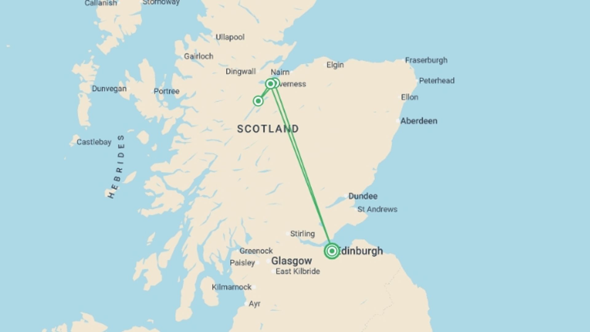 A map showing the tour itinerary for the trip: Edinburgh to Inverness & Skye - 3 days, starting in Edinburgh, Scotland and ending in Edinburgh, Scotland going through 1 other destinations.