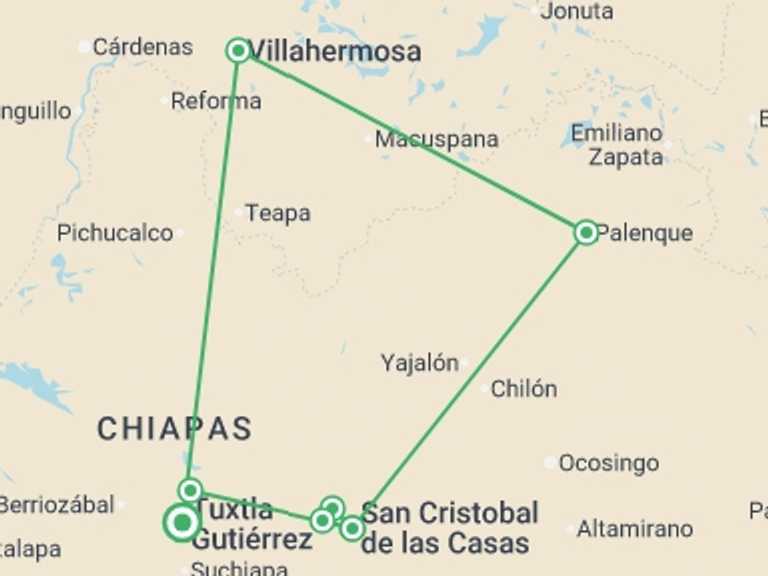 Map itinerary of North America Tour in October 2026 with 4 destination visits for the trip: Magic Chiapas