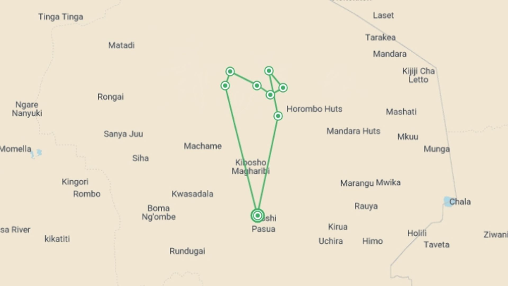 A map showing the tour itinerary for the trip: 7 Days Machame Route, starting in Moshi, Tanzania and ending in Moshi, Tanzania going through 7 other destinations.