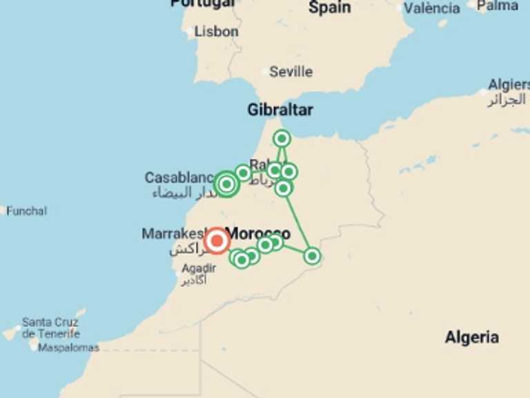 Map itinerary of Africa Tour in May 2026 with 9 destination visits for the trip: Magical Morocco - 13 Days