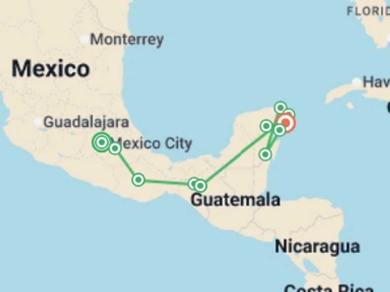 Map itinerary of North America Tour in Summer with 9 destination visits for the trip: Viva Mexico