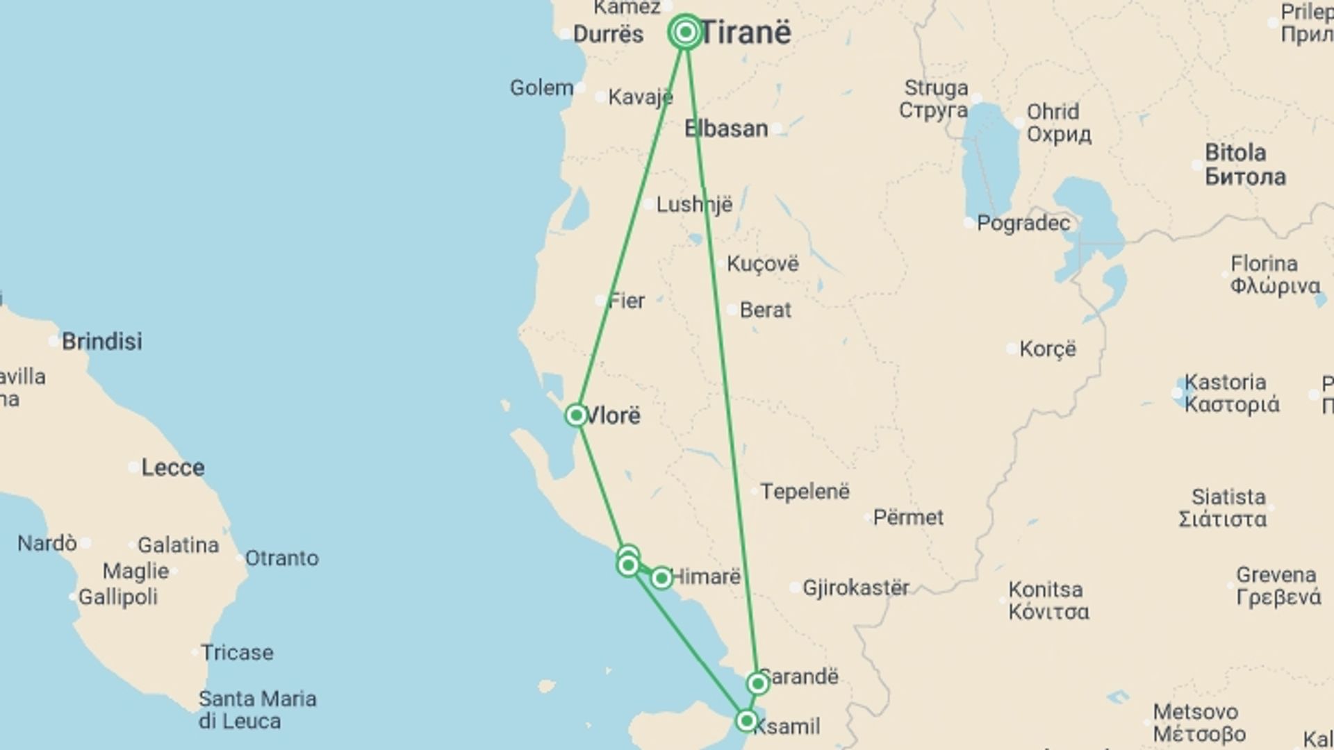 A map showing the tour itinerary for the trip: Albania Riviera Express - 3 days, starting in Tirana, Albania and ending in Tirana, Albania going through 1 other destinations.