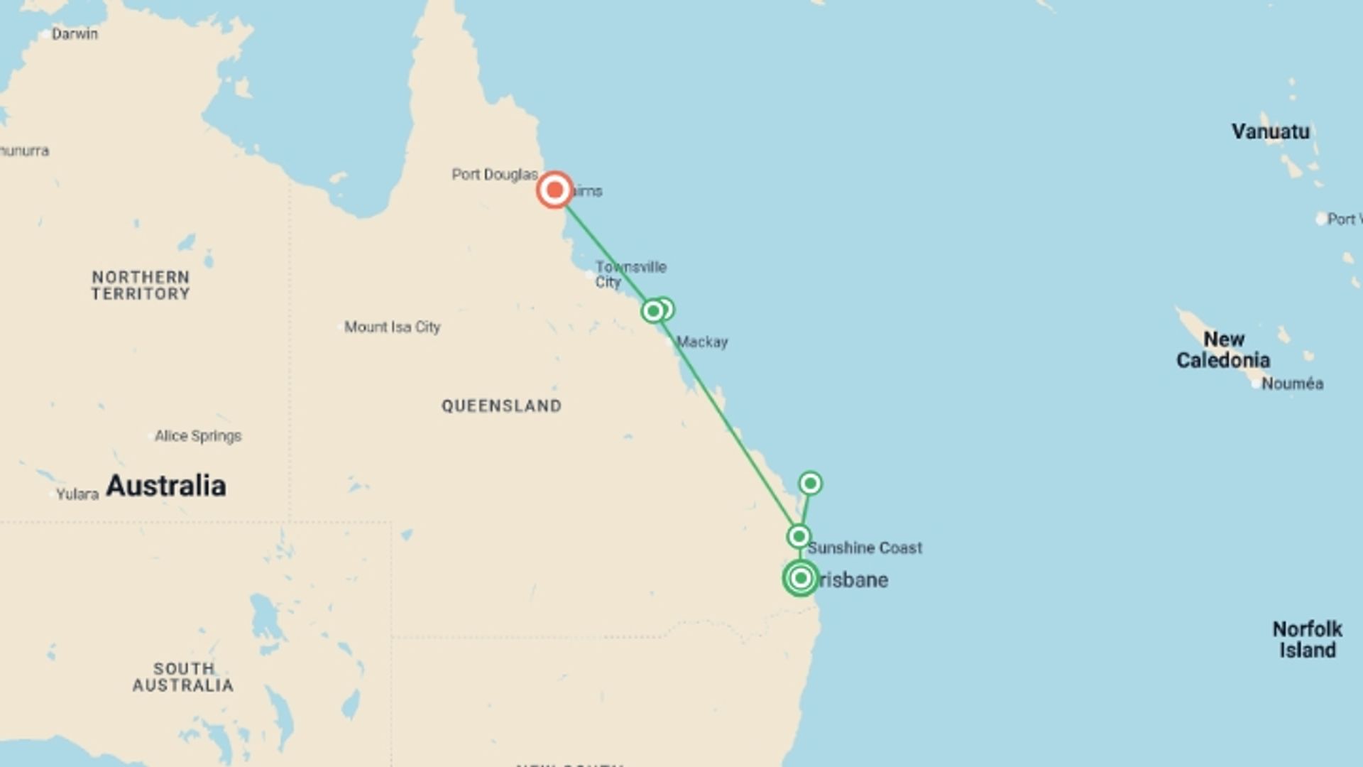 A map showing the tour itinerary for the trip: Brisbane to Cairns Experience: Sand Dunes & the Whitsundays, starting in Brisbane, Australia and ending in Cairns, Australia going through 5 other destinations.