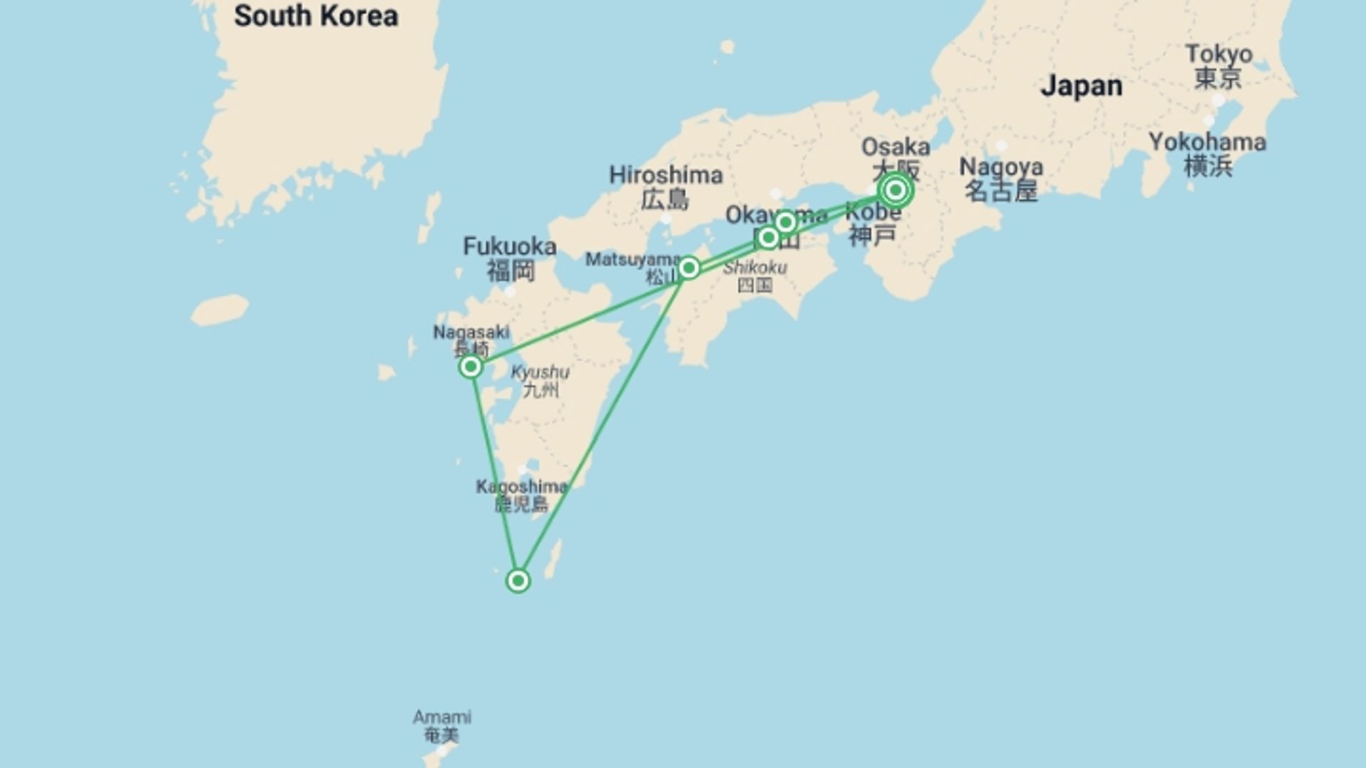 A map showing the tour itinerary for the trip: Southern Japan Experience, starting in Osaka, Japan and ending in Osaka, Japan going through 5 other destinations.