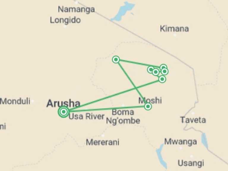 Map of Moshi Climbing Tour with 9 destination visits for the trip: Kilimanjaro - rongai route