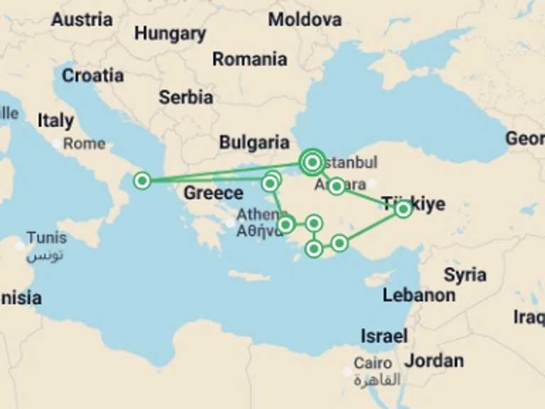 Map itinerary of Turkey Tour in September 2025 with 7 destination visits for the trip: Delve Deep: Turkey