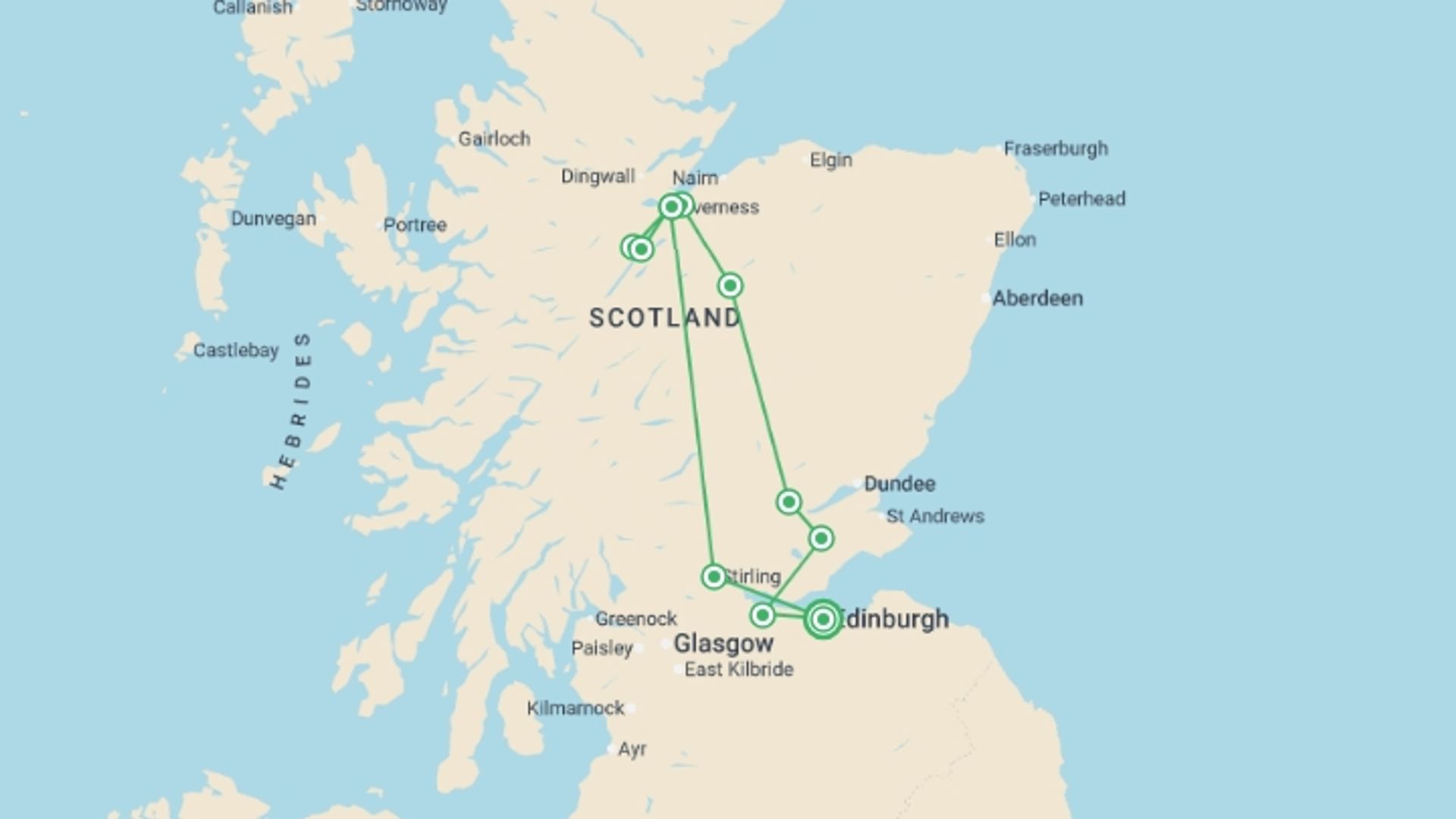 A map showing the tour itinerary for the trip: Outlander TV Trail - 4 days, starting in Edinburgh, Scotland and ending in Edinburgh, Scotland going through 2 other destinations.