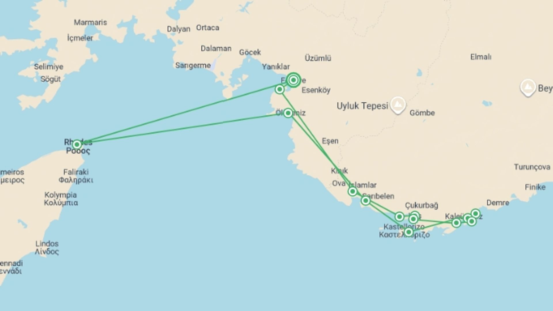 A map showing the tour itinerary for the trip: Turkey Sailing Adventure - 7 days, starting in Fethiye, Turkey and ending in Fethiye, Turkey going through 6 other destinations.