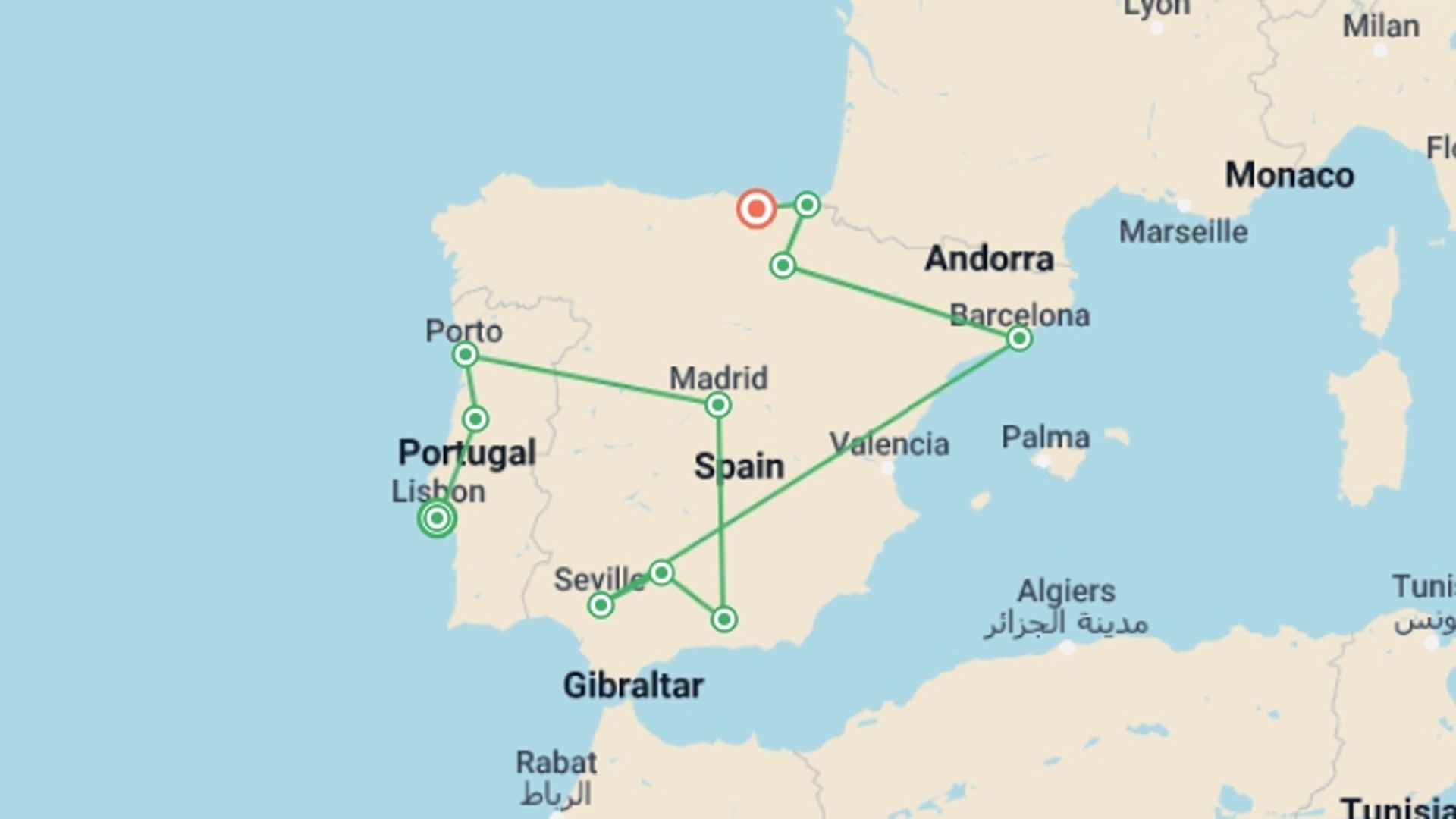 A map showing the tour itinerary for the trip: Highlights of Portugal & Spain, starting in Lisbon, Portugal and ending in Bilbao, Spain going through 8 other destinations.