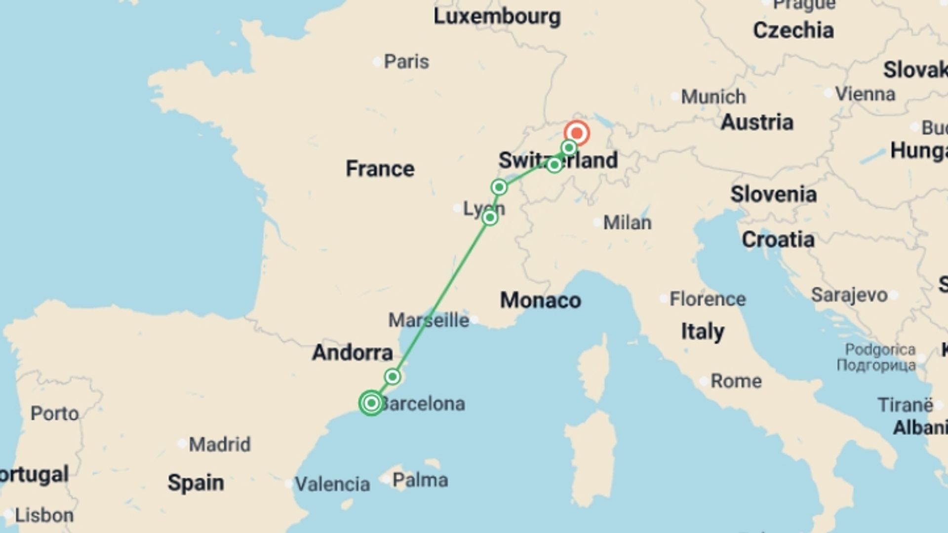 A map showing the tour itinerary for the trip: Barcelona to Zurich, starting in Barcelona, Spain and ending in Zurich, Switzerland going through 4 other destinations.