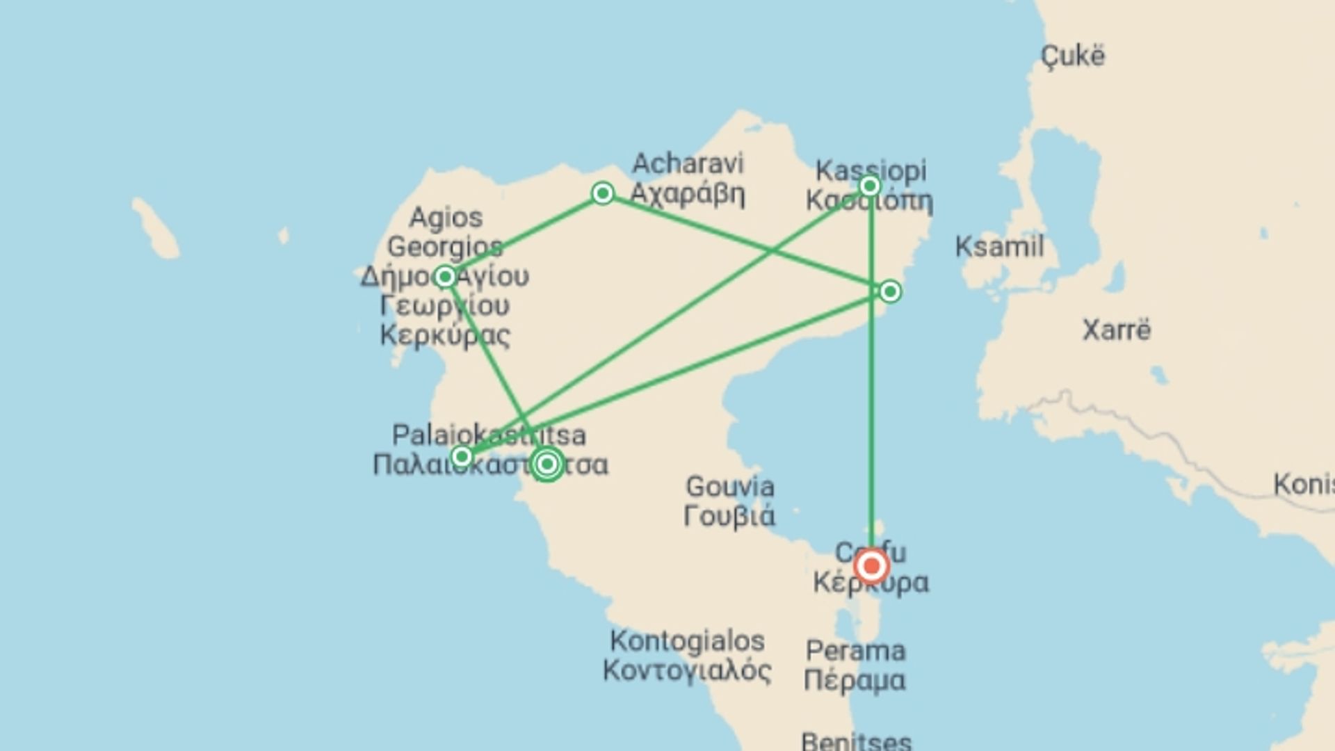 A map showing the tour itinerary for the trip: Walking the Corfu Trail (North), starting in Liapades, Greece and ending in Corfu, Greece going through 5 other destinations.