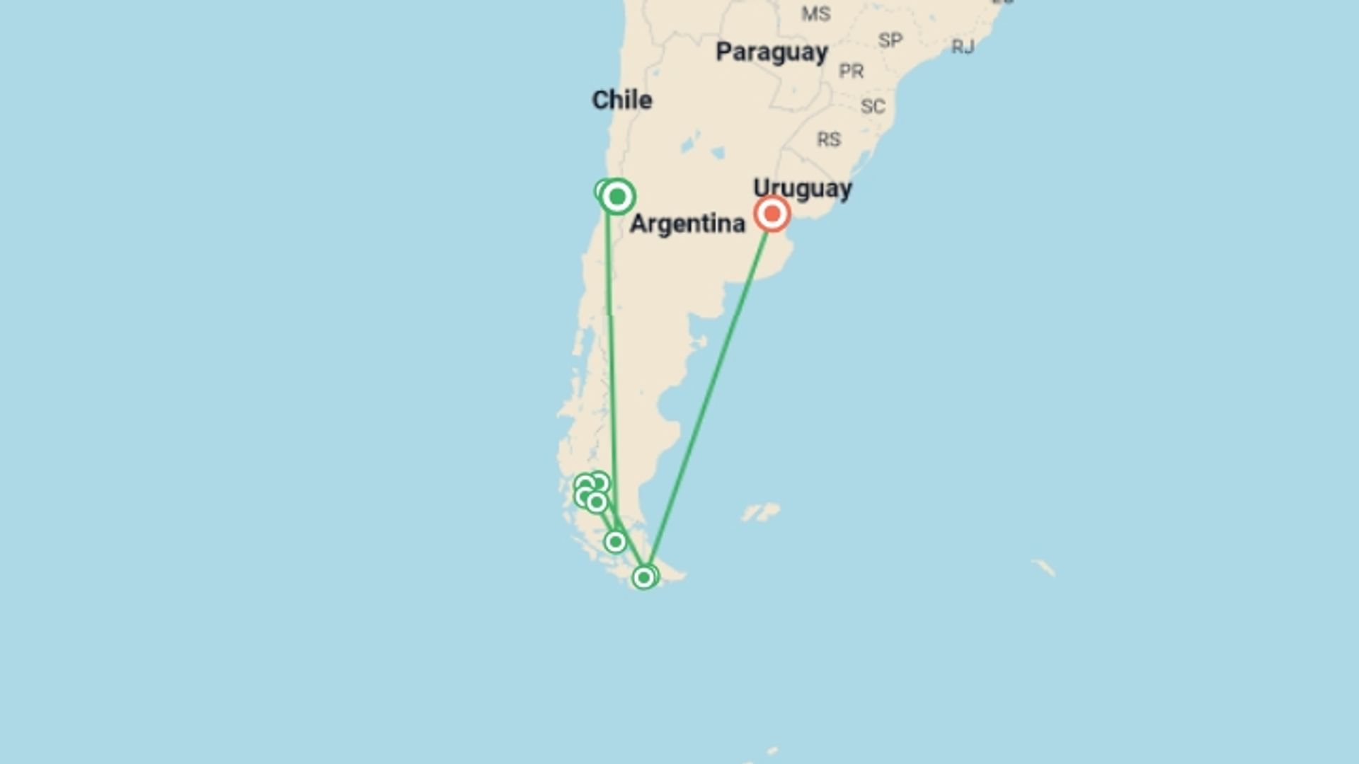A map showing the tour itinerary for the trip: Patagonia In Style - 14 days, starting in Santiago, Cape verde and ending in Buenos Aires, Argentina going through 8 other destinations.