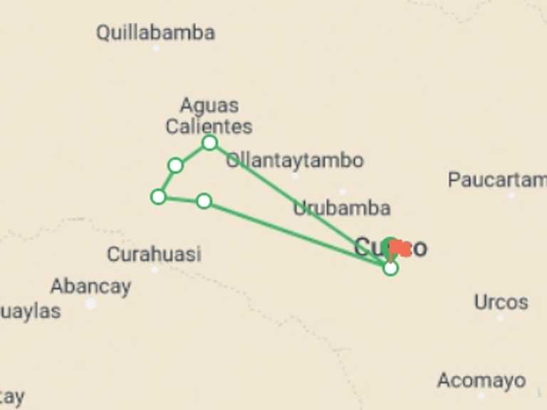 Map itinerary of Peru Tour in February 2027 with 6 destination visits for the trip: Salkantay trek to Machu Picchu