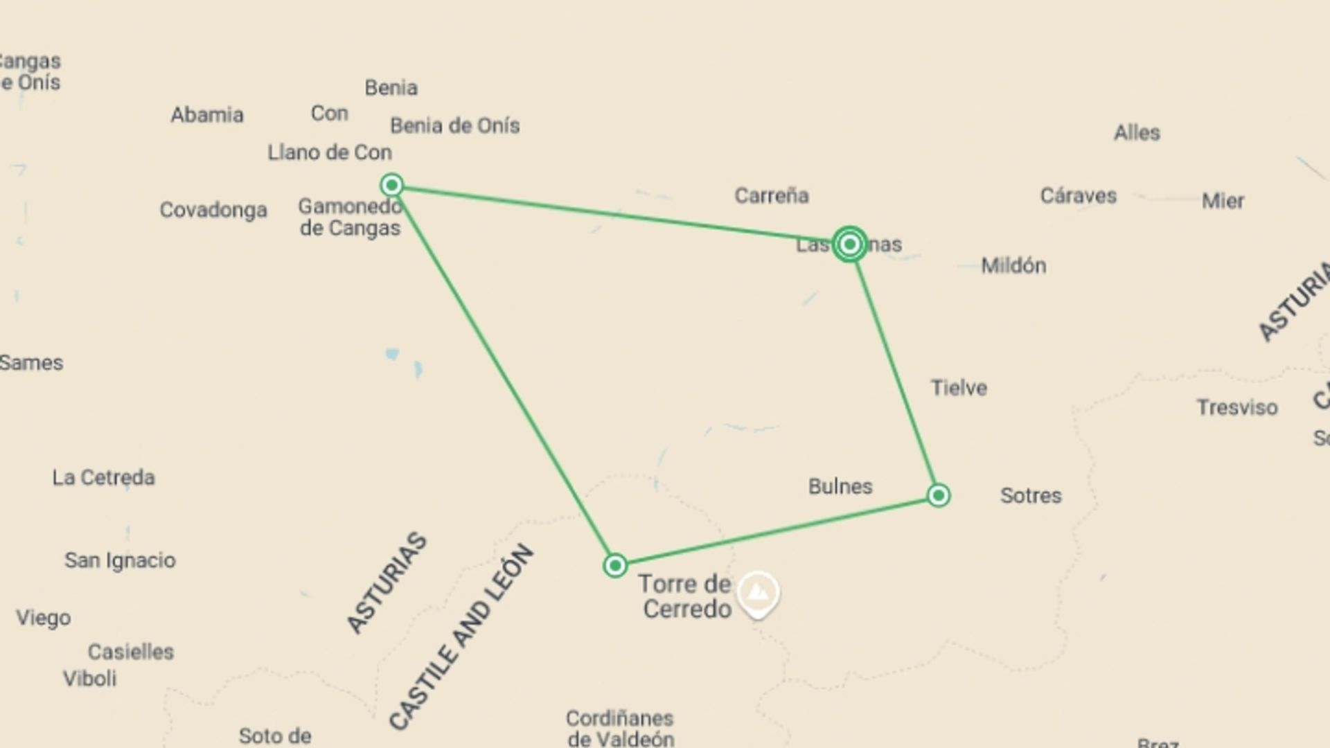 A map showing the tour itinerary for the trip: Hike Spain’s Picos de Europa, starting in Arenas De Cabrales, Spain and ending in Arenas De Cabrales, Spain going through 3 other destinations.