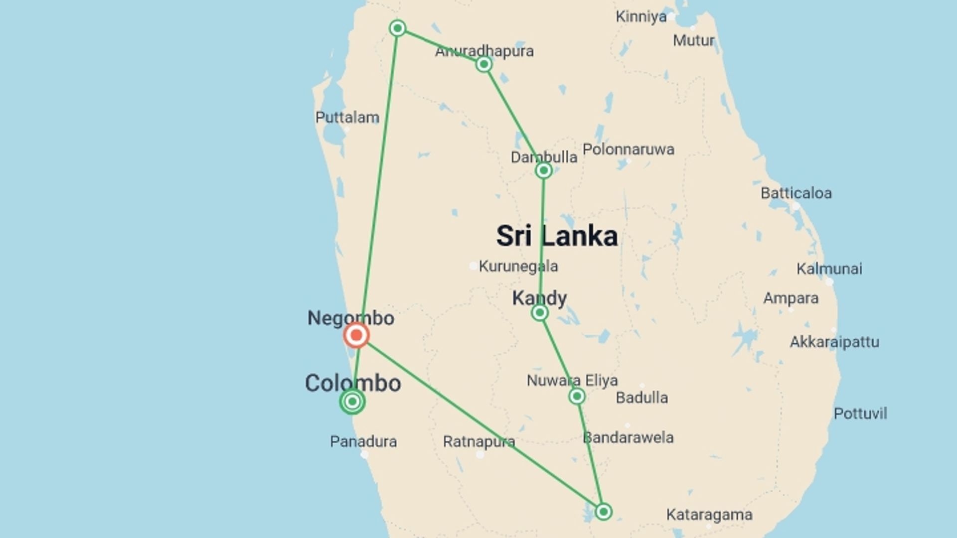 A map showing the tour itinerary for the trip: Journeys: Discover Sri Lanka, starting in Colombo, Sri Lanka and ending in Negombo, Sri Lanka going through 6 other destinations.