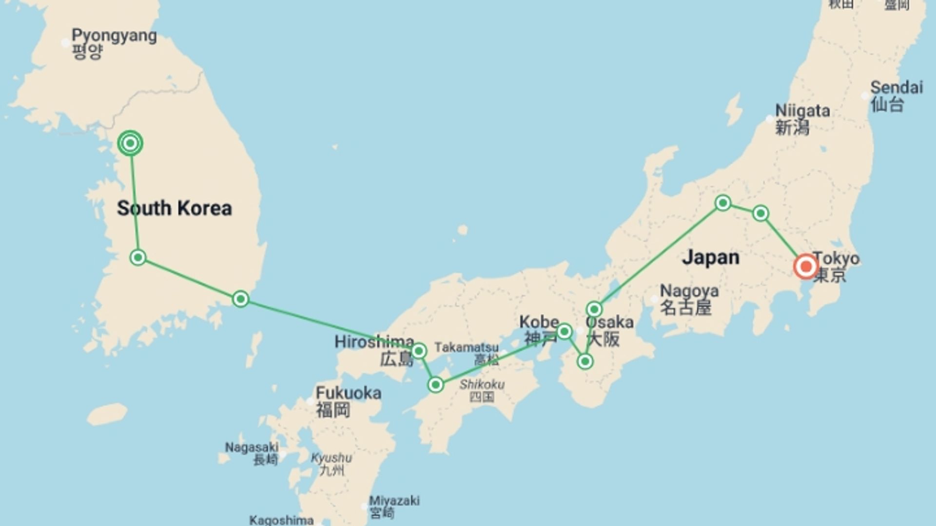 A map showing the tour itinerary for the trip: Lights Korea and Japan with Mount Fuji, starting in Seoul, South Korea and ending in Tokyo, Japan going through 9 other destinations.