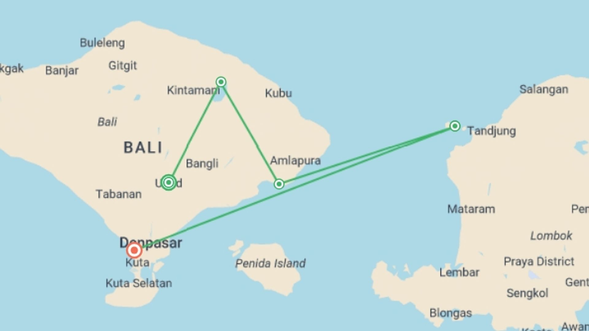 A map showing the tour itinerary for the trip: Essential Bali & Gili Islands, starting in Ubud, Indonesia and ending in Seminyak , Indonesia going through 4 other destinations.