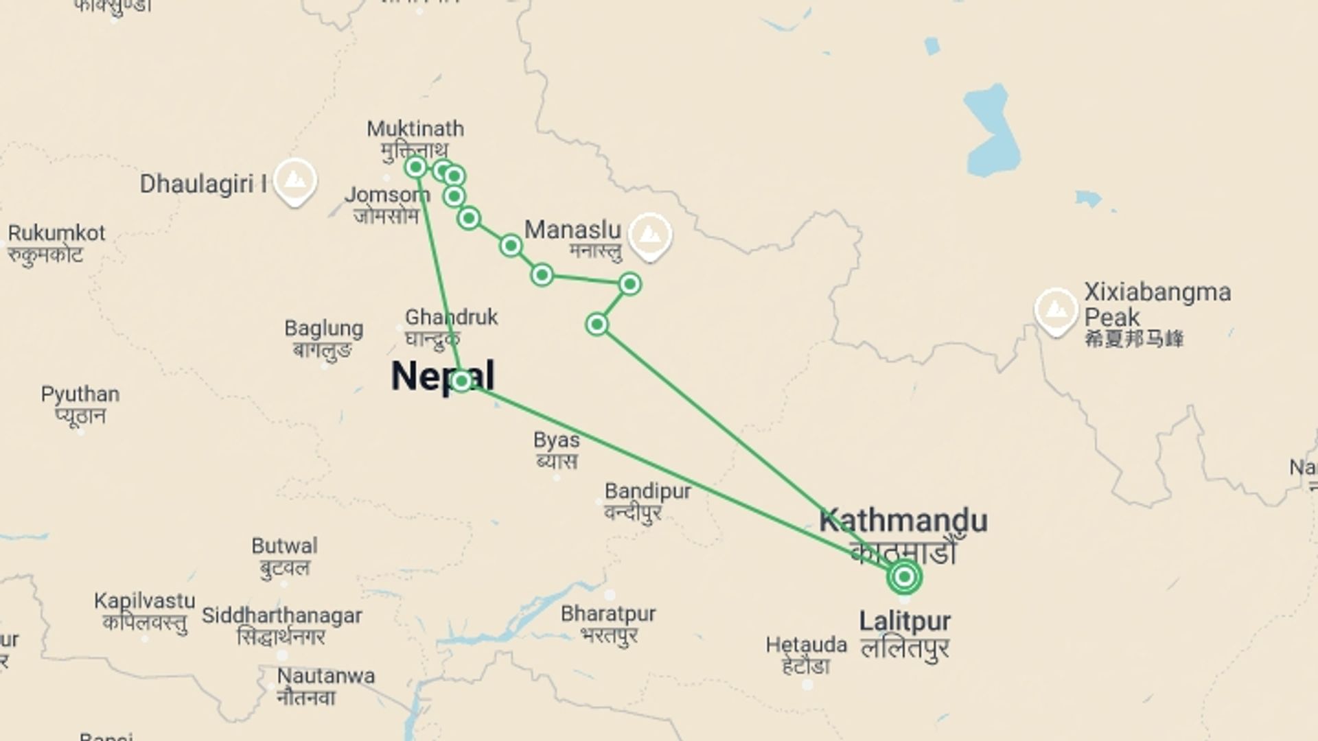 A map showing the tour itinerary for the trip: Annapurna Circle Trek, starting in Kathmandu, Nepal and ending in Kathmandu, Nepal going through 10 other destinations.