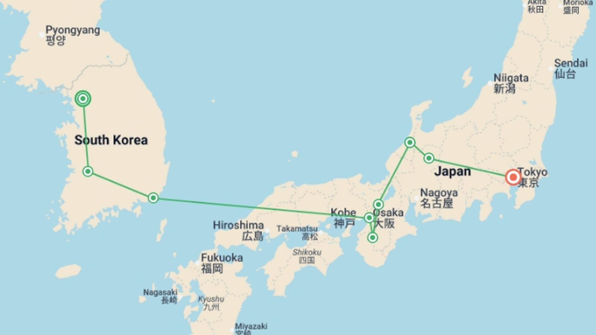 A map showing the tour itinerary for the trip: Traditional Korea and Japan, starting in Seoul, South Korea and ending in Tokyo, Japan going through 7 other destinations.