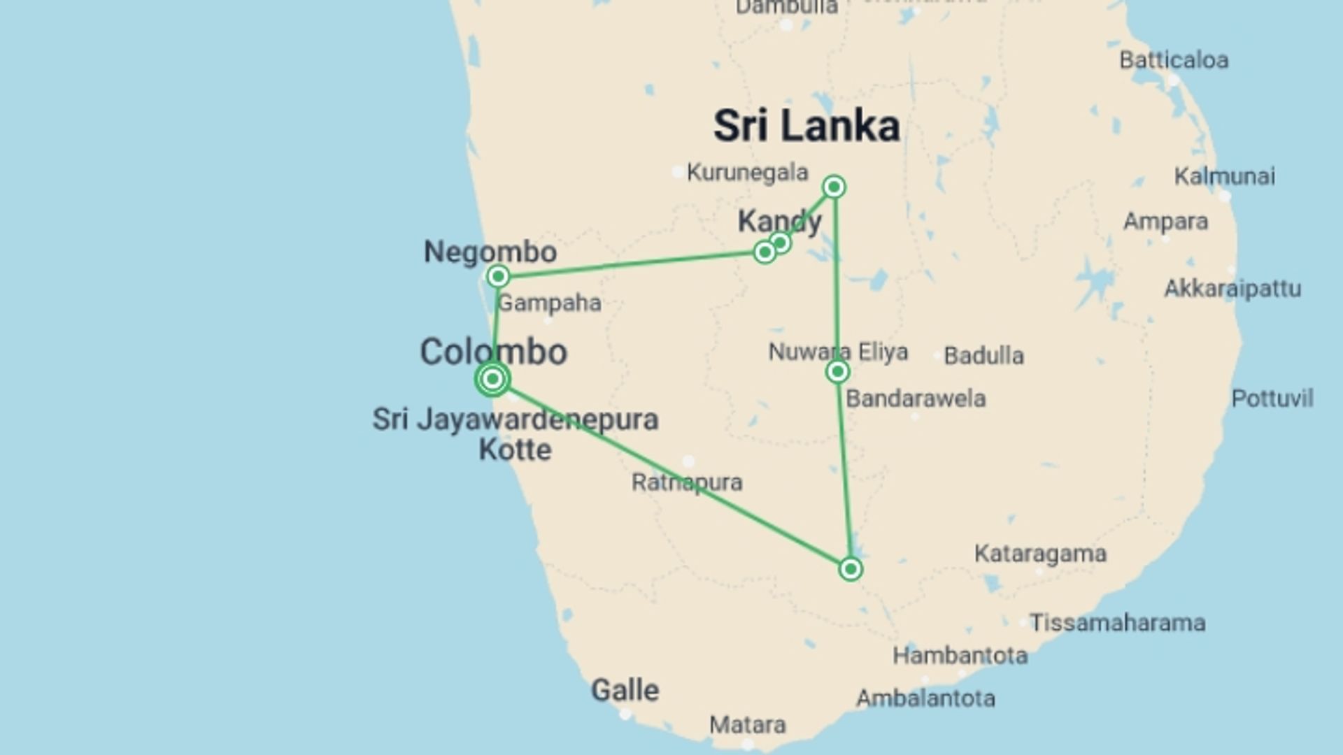 A map showing the tour itinerary for the trip: All In One Sri Lanka, starting in Colombo, Sri Lanka and ending in Colombo, Sri Lanka going through 5 other destinations.