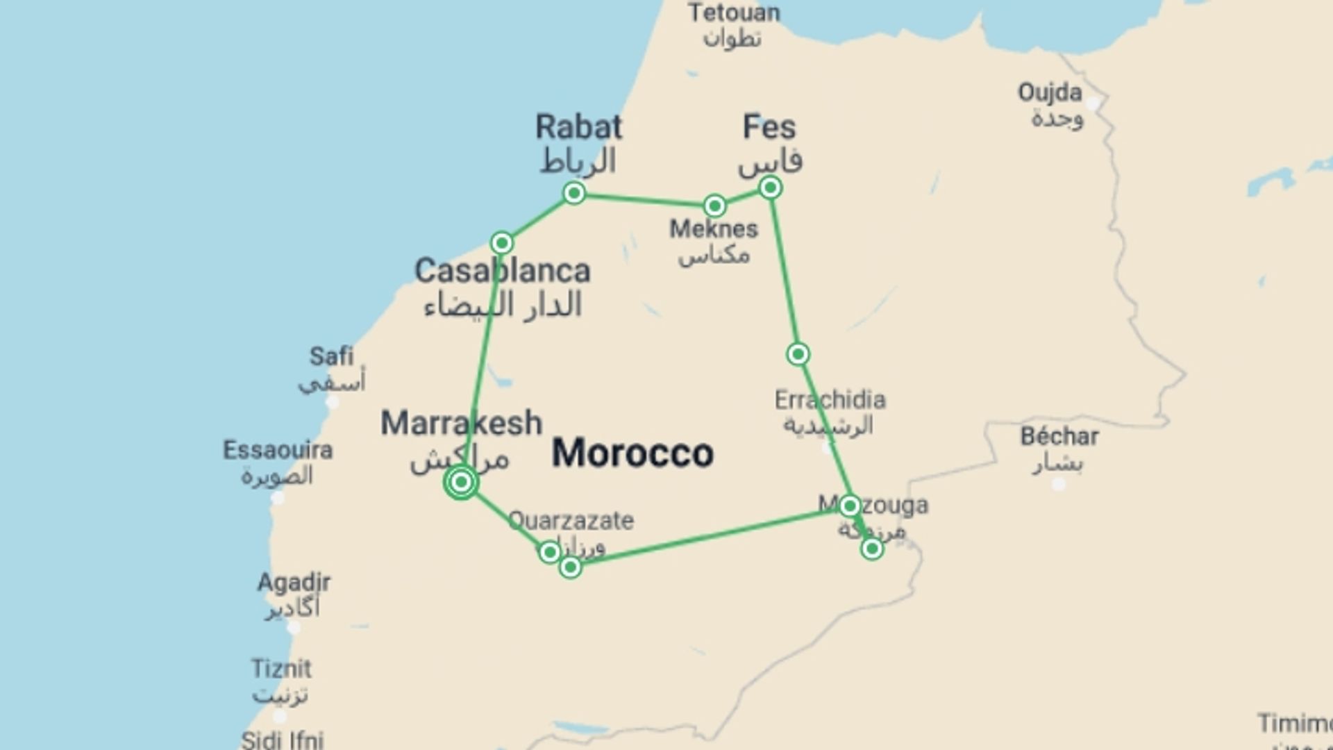 A map showing the tour itinerary for the trip: Morocco Discovery, Private Tour, starting in Marrakech, Morocco and ending in Marrakech, Morocco going through 5 other destinations.