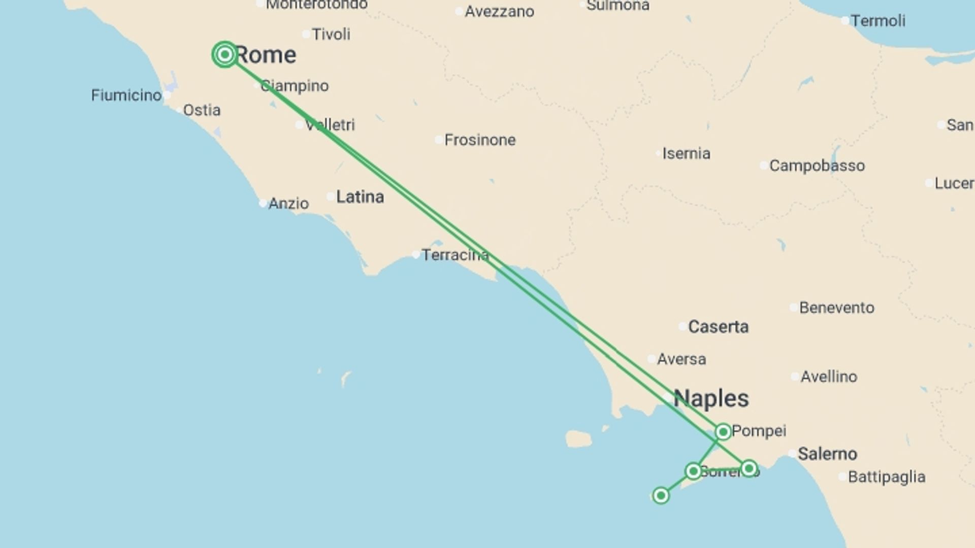 A map showing the tour itinerary for the trip: Rome, Sorrento & Amalfi Coast (4 Star +) - 10 days, starting in Rome, Italy and ending in Rome, Italy going through 2 other destinations.