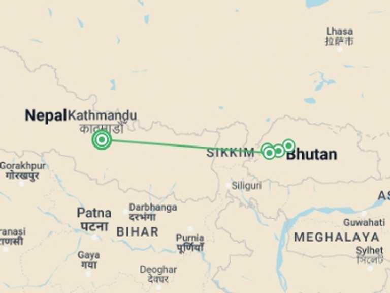 Map itinerary of Thimphu Tour in June 2026 with 4 destination visits for the trip: Nepal and Bhutan Tour