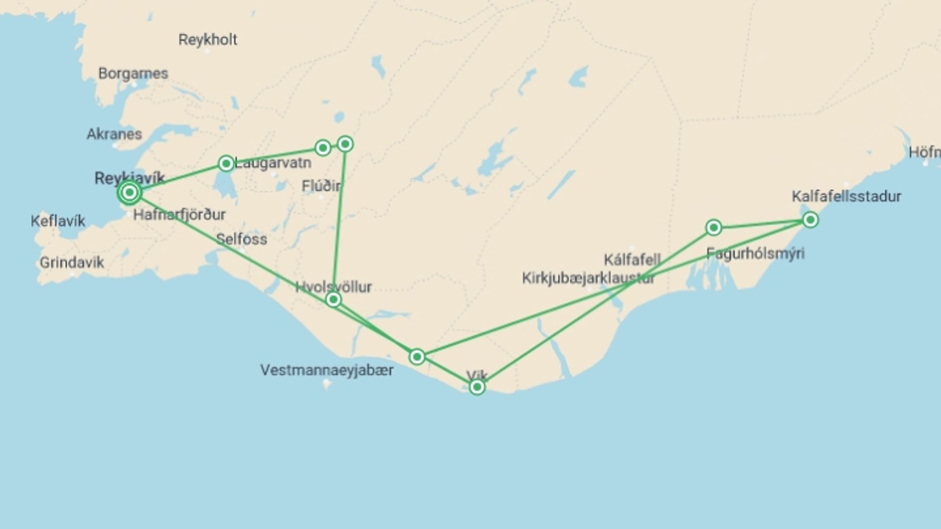 A map showing the tour itinerary for the trip: Northern Lights Escape, starting in Reykjavik, Iceland and ending in Reykjavik, Iceland going through 5 other destinations.