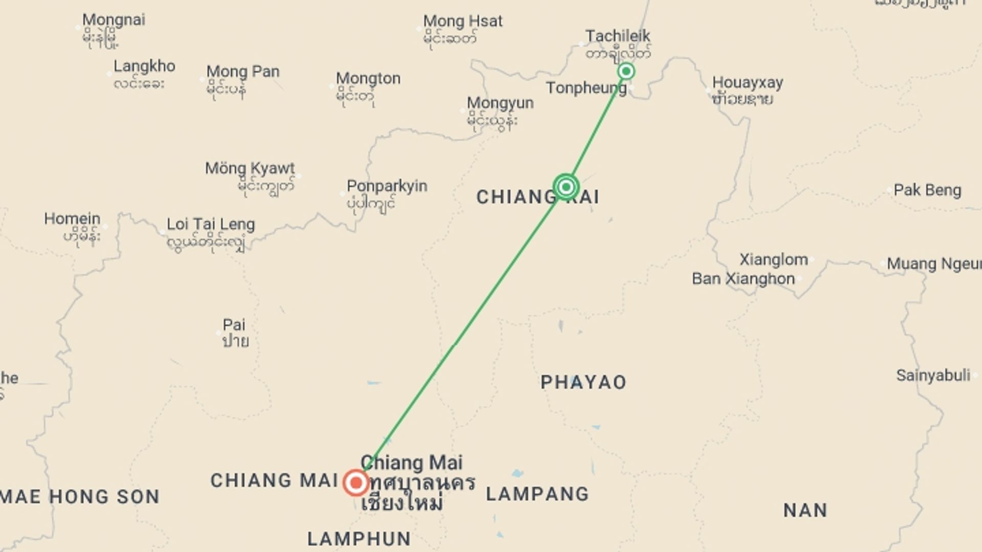 A map showing the tour itinerary for the trip: North Thailand Highlights, Small Group Tour (other Languages), starting in Mueang Chiang Rai, Thailand and ending in Mueang Chiang Rai, Thailand going through 2 other destinations.