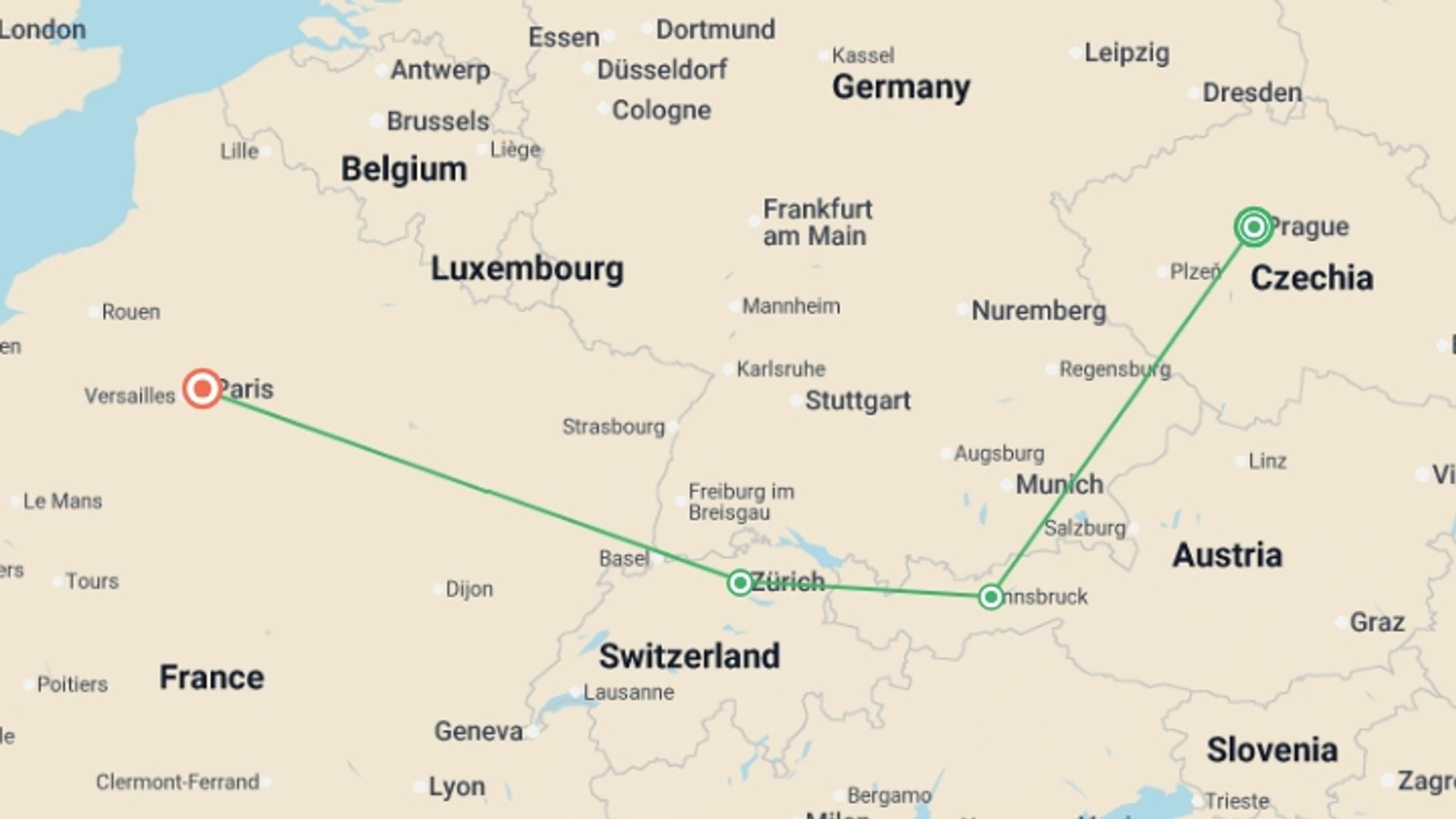 A map showing the tour itinerary for the trip: Iconic Cities GO, starting in Prague, Czech Republic and ending in Paris, France going through 2 other destinations.