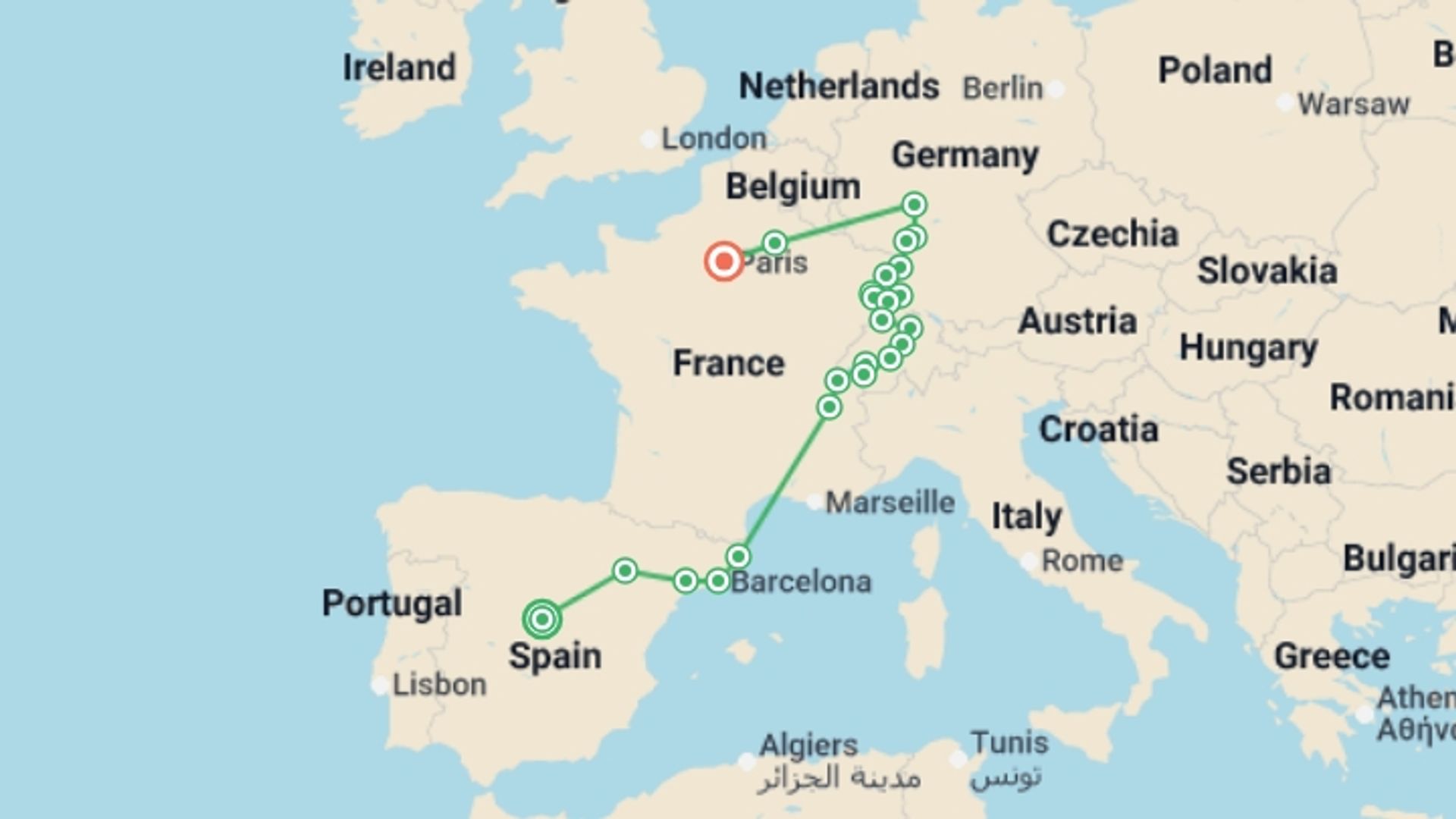 A map showing the tour itinerary for the trip: Spain and Switzerland with Alsace and Black Forest, starting in Madrid, Spain and ending in Paris, France going through 8 other destinations.