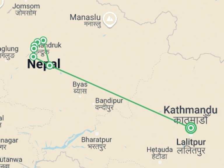 Map itinerary of Nepal Tour in Winter with 7 destination visits for the trip: Mardi Himal Trek