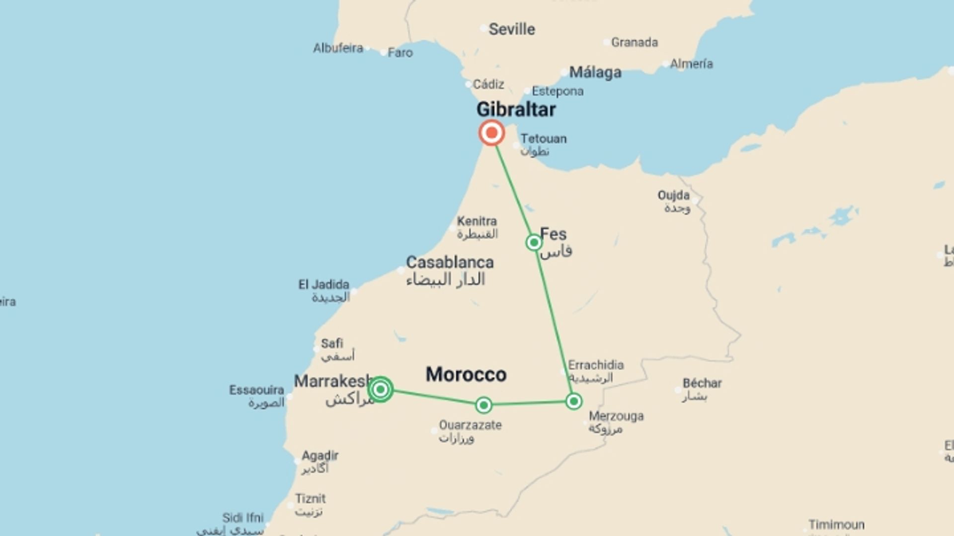 A map showing the tour itinerary for the trip: From Marrakesh to Tangier, starting in Marrakech, Morocco and ending in Tangier, Morocco going through 3 other destinations.
