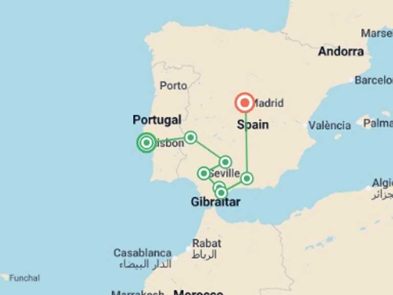 Map of Europe Tour with 6 destination visits for the trip: Best of Portugal & Andalucia (Superior) - 10 days 
