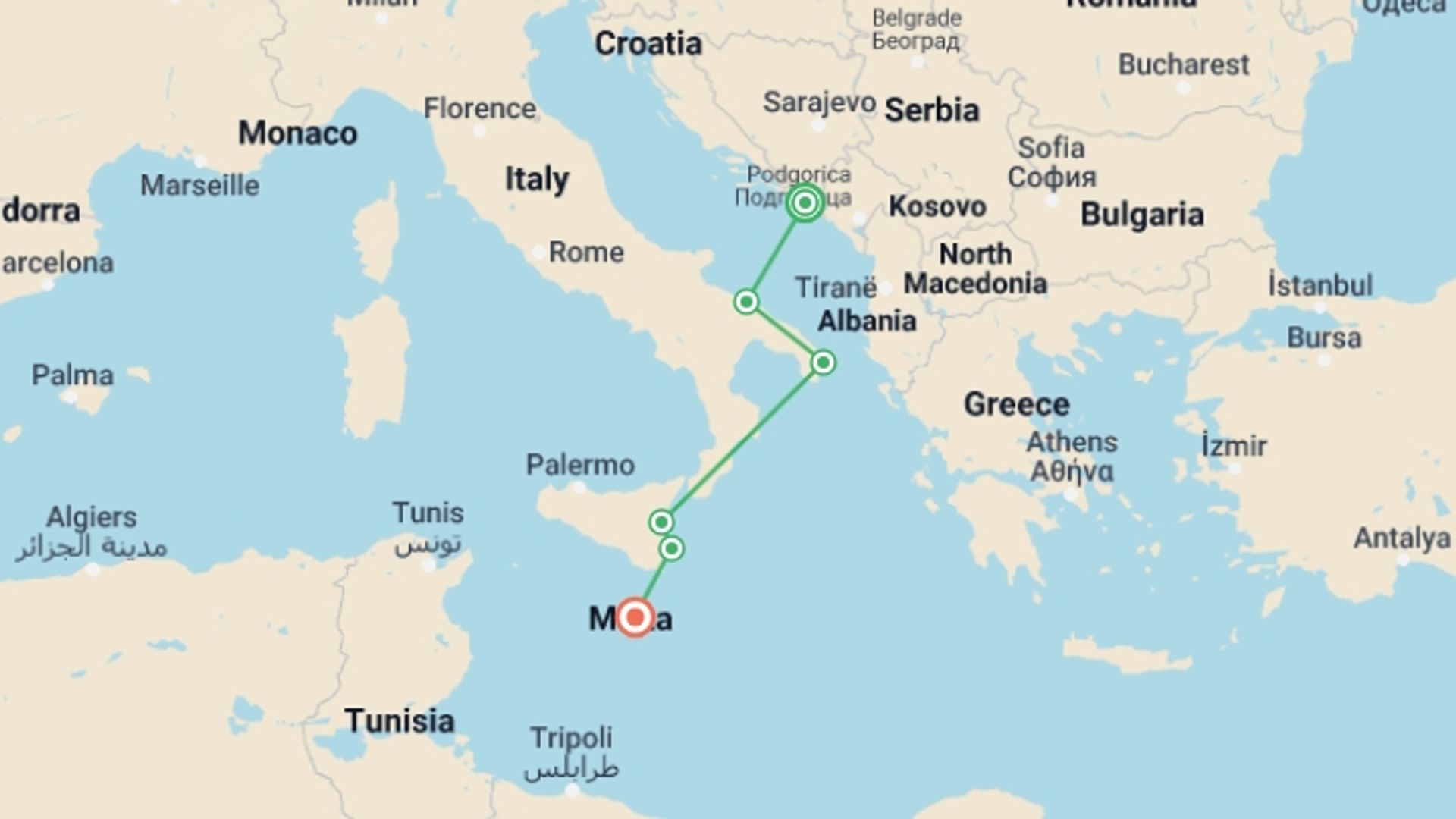 A map showing the tour itinerary for the trip: An Epic Italian and Mediterranean Cruise: Exceptional Natural and Historical Heritage from the Adriatic Sea to Valletta (port-to-port cruise), starting in Dubrovnik, Croatia and ending in Valletta, Malta going through 4 other destinations.