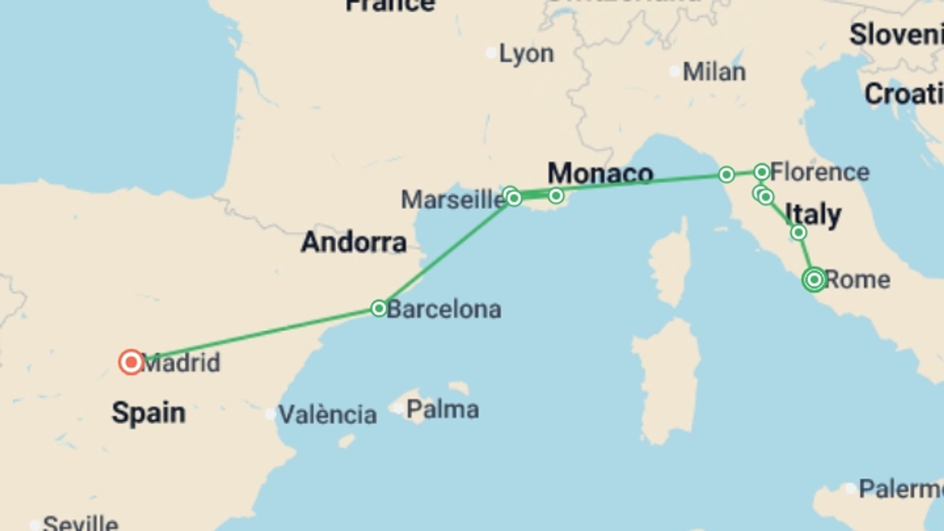 A map showing the tour itinerary for the trip: Solo Lite Grand Mediterranean Journey, starting in Rome, Italy and ending in Madrid, Spain going through 6 other destinations.