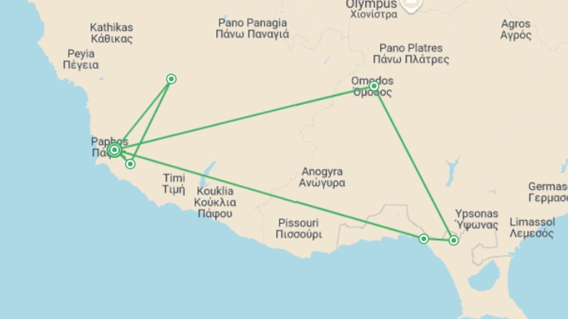 A map showing the tour itinerary for the trip: History And Taste Of Cyprus, starting in Paphos, Cyprus and ending in Paphos, Cyprus going through 0 other destinations.