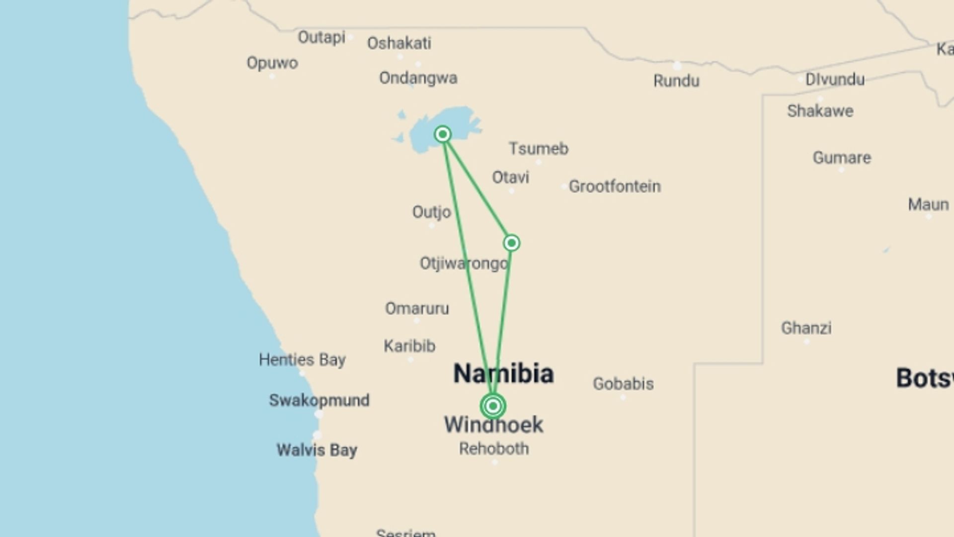 A map showing the tour itinerary for the trip: Etosha Safari Adventure, Self-drive, starting in Windhoek, Namibia and ending in Windhoek, Namibia going through 2 other destinations.