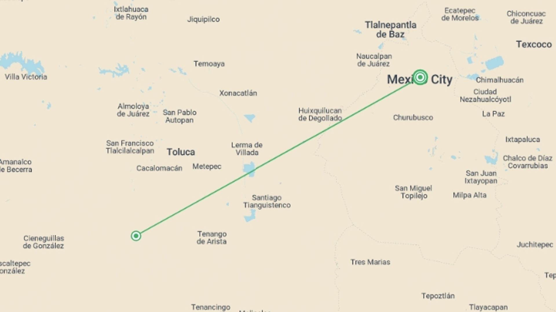A map showing the tour itinerary for the trip: Nevado de Toluca hike 2D/1N (from Mexico City), starting in Mexico City, Mexico and ending in Mexico City, Mexico going through 1 other destinations.