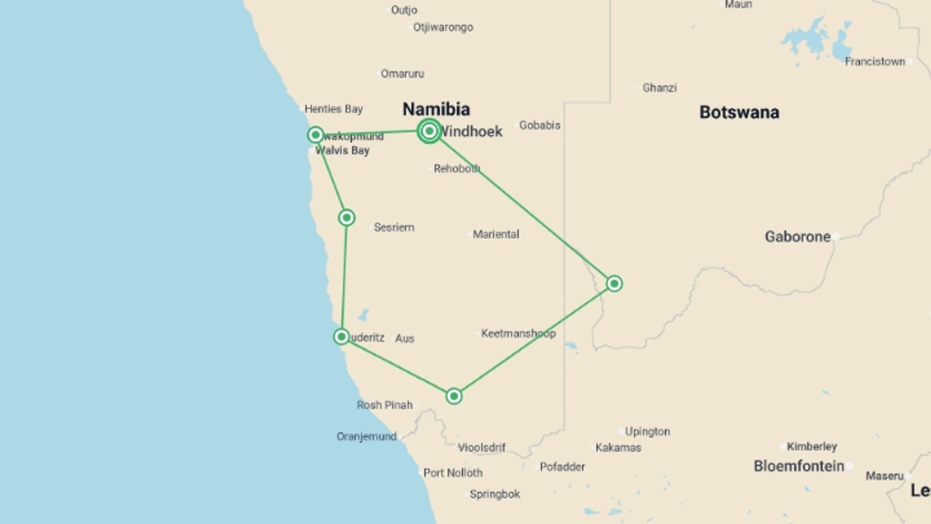 A map showing the tour itinerary for the trip: Namibia Desert and Coast Journey, starting in Windhoek, Namibia and ending in Windhoek, Namibia going through 5 other destinations.