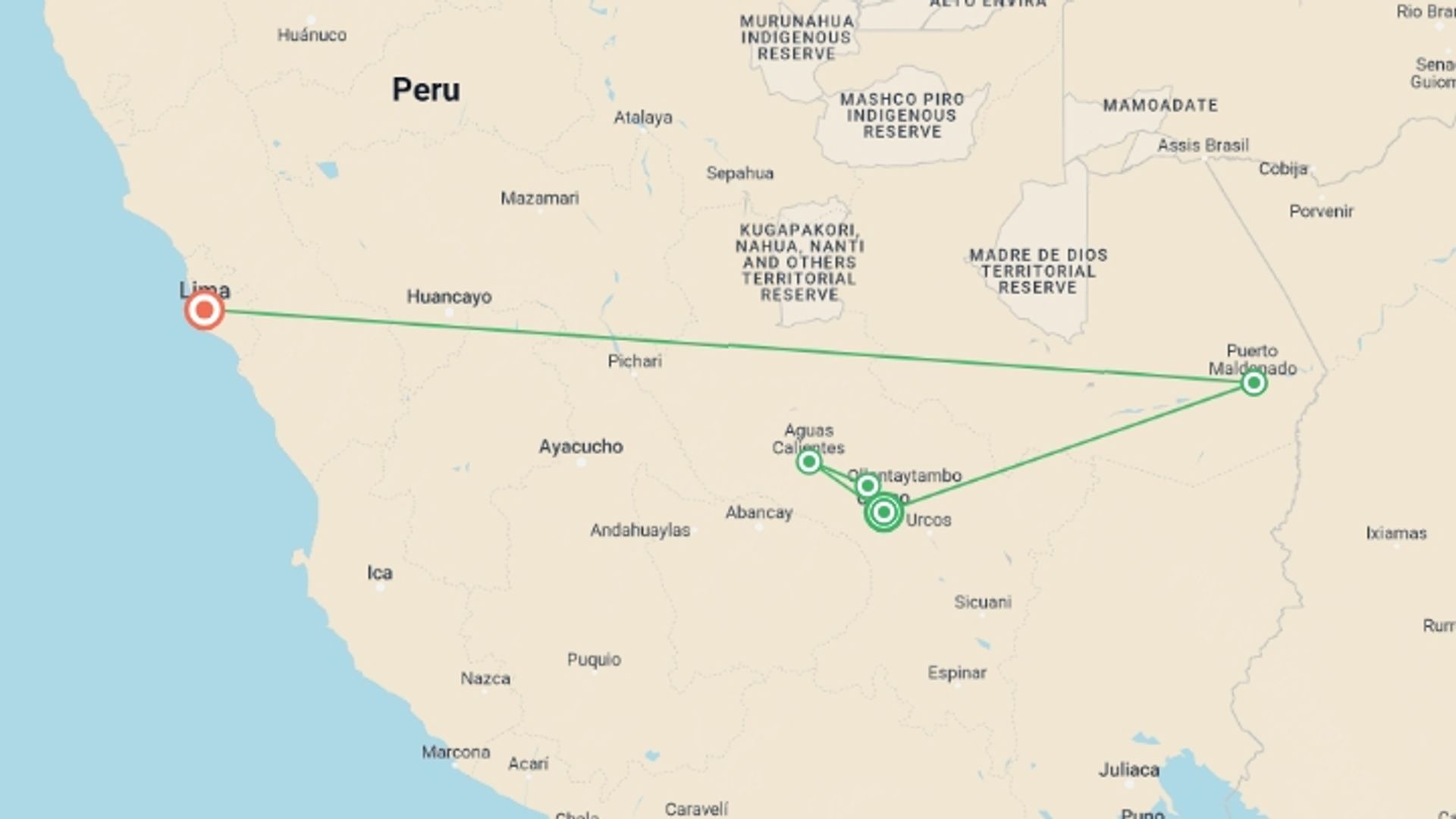 A map showing the tour itinerary for the trip: Inca Journey: Machu Picchu by Train & The Amazon, starting in Cusco, Peru and ending in Lima, Peru going through 3 other destinations.