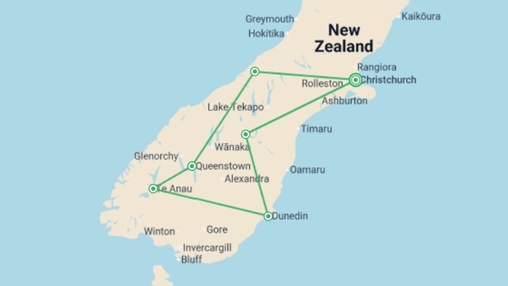 A map showing the tour itinerary for the trip: Southern Spotlight, starting in Christchurch, New Zealand and ending in Christchurch, New Zealand going through 5 other destinations.