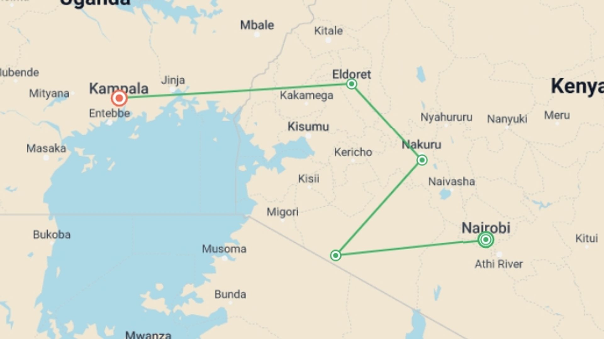 A map showing the tour itinerary for the trip: Kenya Overland: Safari Drives & National Reserves, starting in Nairobi, Kenya and ending in Kampala, Uganda going through 3 other destinations.