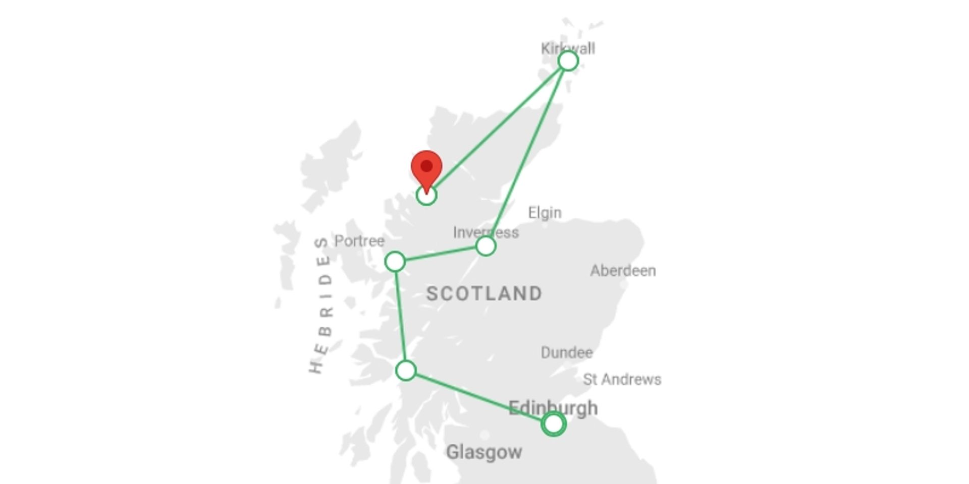 A map showing the tour itinerary for the trip: Scenic Islands of Scotland, starting in Edinburgh, Scotland and ending in Ullapool, England going through 5 other destinations.