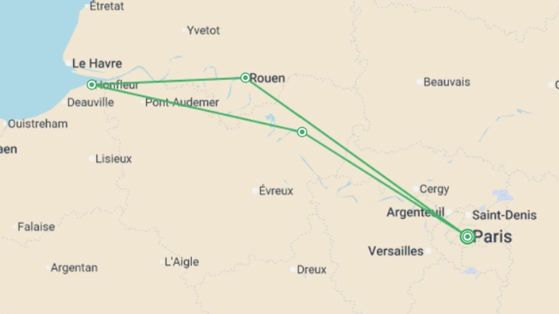 A map showing the tour itinerary for the trip: Cruise Festival: French Cuisine and Impressionism on the Seine River, starting in Paris, France and ending in Paris, France going through 3 other destinations.
