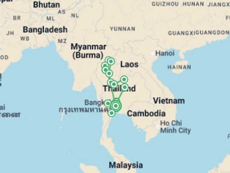 Map of a Active and outdoor Tour with 11 destination visits for the trip: 15-day Grand Discovery Of Thailand, French-speaking Guide