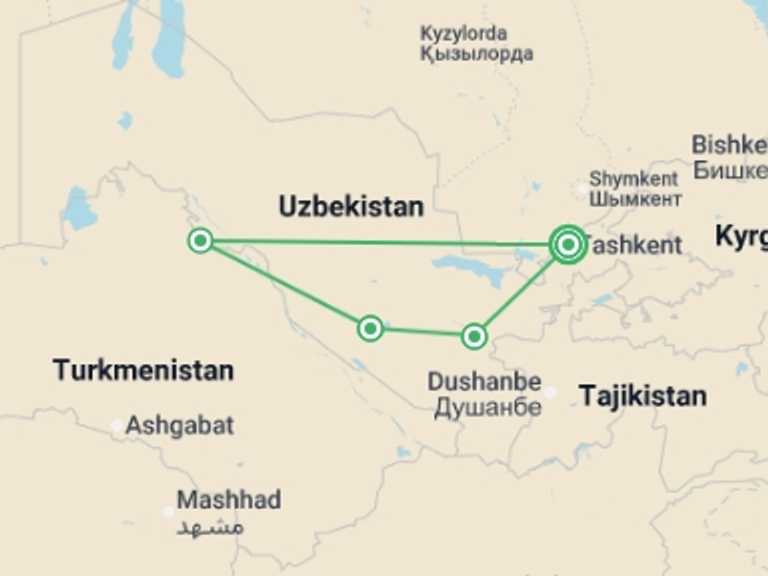 Map of Asia Tour with 4 destination visits for the trip: Uzbekistan: Samarkand, Bukhara & the Ancient Silk Road