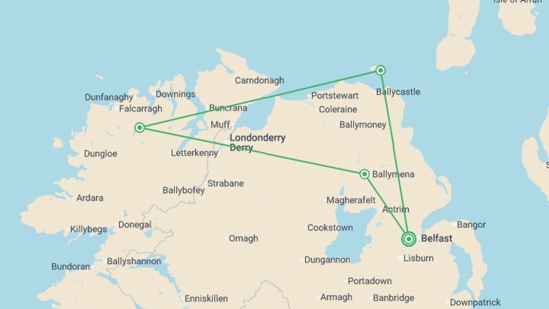 A map showing the tour itinerary for the trip: Walk Northern Ireland and Donegal, starting in Belfast, Ireland and ending in Belfast, Ireland going through 3 other destinations.