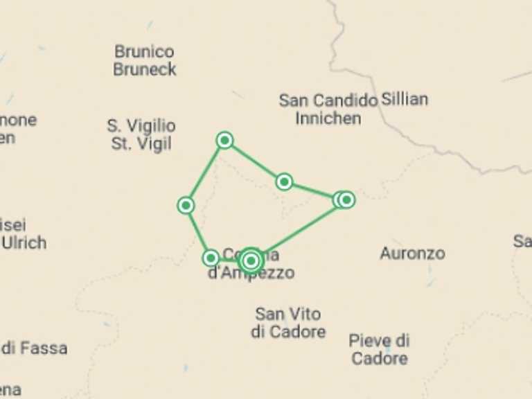 Map of Italy Tour with 7 destination visits for the trip: Dolomites Guided Hike