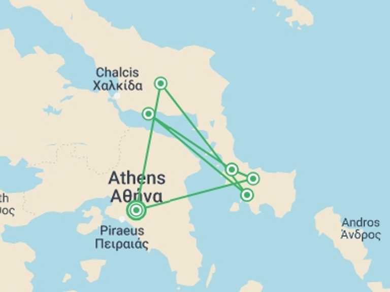 Map of Greece Natural landmarks sightseeing Tour with 6 destination visits for the trip: Greek Cruise and Island Walking